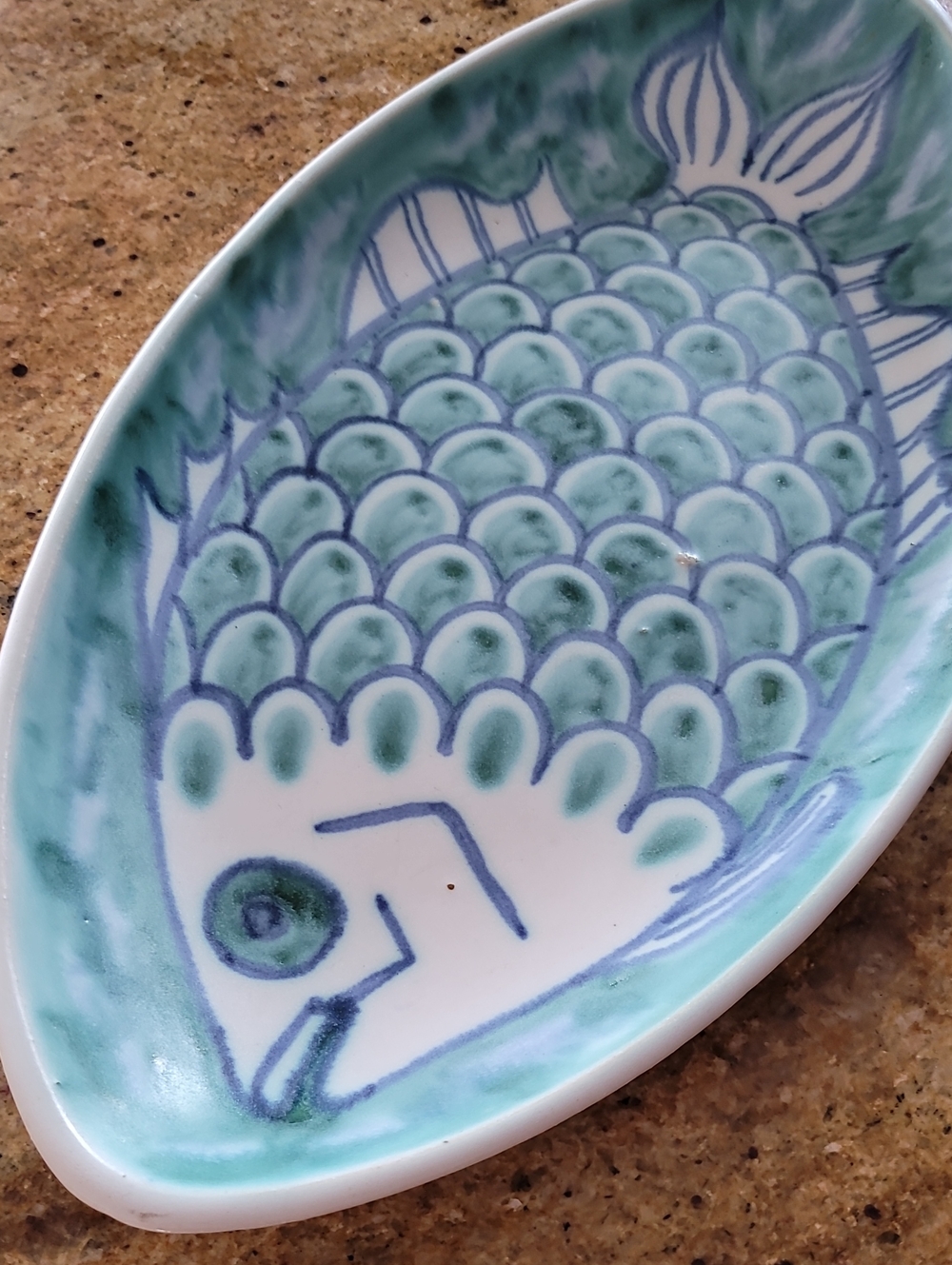 ANDERSEN DESIGN Art Pottery Oval Fish Platter VTG Blue/Green MCM Boothbay Maine - Picture 2 of 14